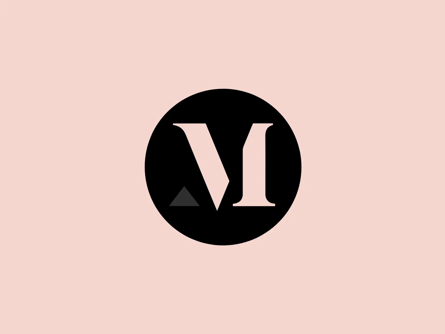 The MarkeTeam Inc logo showcases a bold, uppercase ‘VI’ in a serif font, set against a solid black circular background. The white letters create a striking contrast and are accented by a small red triangle pointing downwards, adding a pop of color and a geometric element. The design exudes a simple yet sophisticated, clean, and modern aesthetic, suggesting elegance and exclusivity, while the minimal use of color keeps the design versatile.