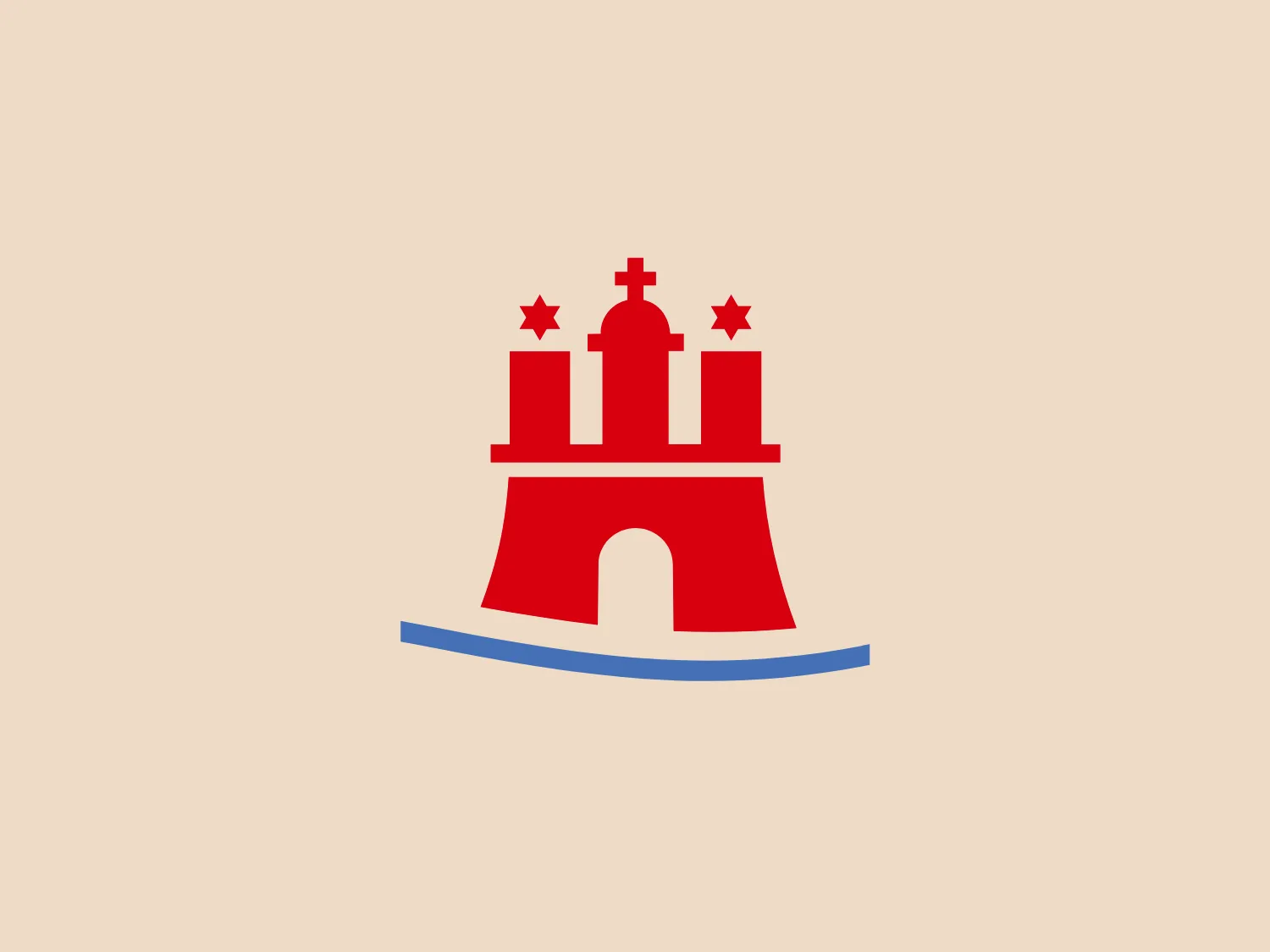 The City of Hamburg logo features a stylized representation of a landmark, possibly a tower or monument, in a bold red color with a simplified graphic approach. The tower sits on a gentle curve that suggests a hill or horizon line, rendered in a contrasting light blue. Above the tower, three stars of the same red hue are aligned horizontally, with the middle star slightly elevated above the others. The shapes are geometric and flat, creating a modern and clean aesthetic. The entire composition is balanced and designed for easy recognition. Given the colors in the logo, a light and neutral background would complement it well.