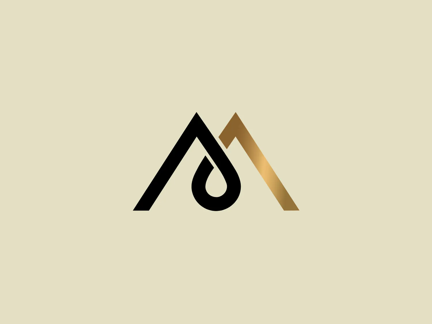 The Mountaindrop logo showcases a stylized letter "M" formed by two interconnected triangles, resembling a mountain. The right triangle slightly protrudes, adding depth to the design. Within the left triangle, a droplet shape is integrated, symbolizing elements such as water or nature. The color scheme is minimal, with black on the left and a gradient transitioning from black to metallic gold on the right, evoking a sense of luxury and refinement. The overall look is modern and sleek, indicative of an environmentally conscious or outdoor-oriented brand.