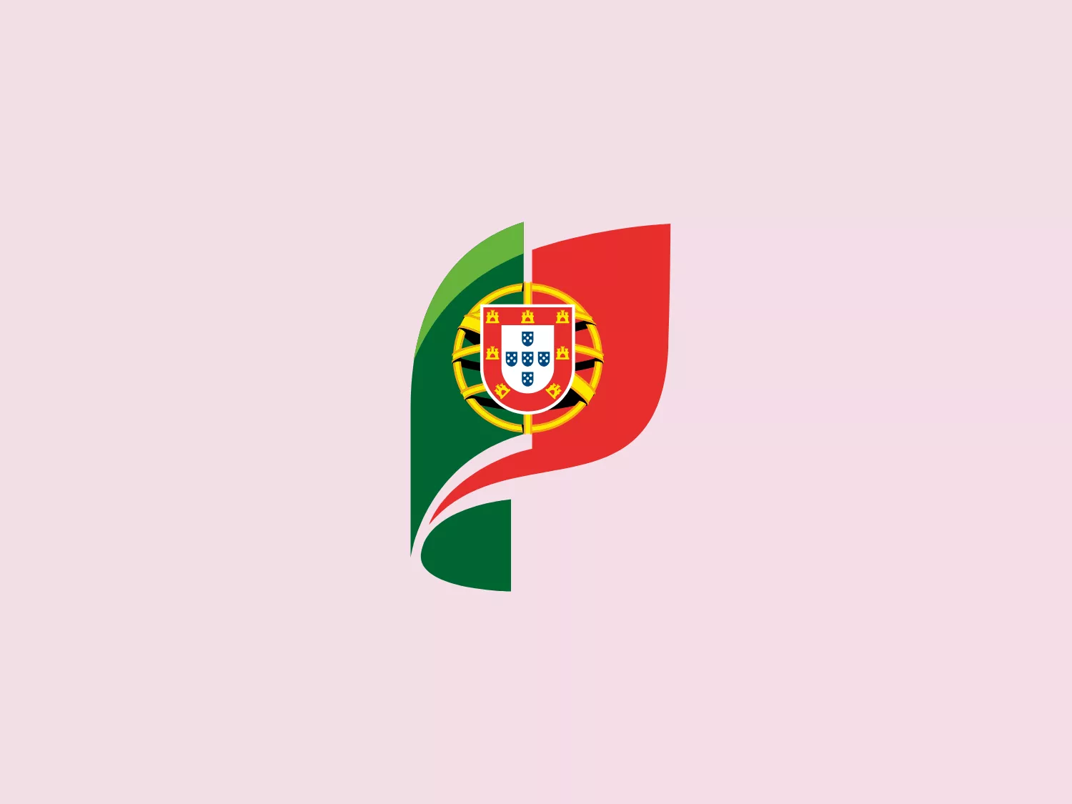 The República Portuguesa logo is a stylized version of the Portuguese flag, reimagined into a dynamic shape with a flowing and curved design. The left side features a deep green, while the right side sports a vibrant red, both colors being key elements of the original flag. The national coat of arms is accurately depicted with its intricate shield design containing seven small blue shields with white dots, surrounded by a ring of yellow castles against a red backdrop, all enclosed within a golden bezel with a red border. The overall aesthetic is modern and sleek, while still retaining the essence of the Portuguese national symbol.