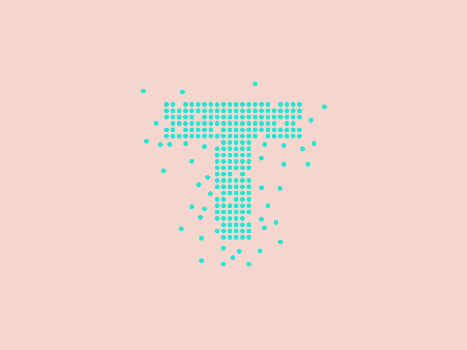 The Toronto Marketing Network logo consists of a stylized letter 'T', formed by an array of small cyan dots that vary in size and density, creating a digital or pixelated effect which tapers off towards the bottom. The dots are arranged in such a way that the 'T' appears to be dissolving or dispersing into smaller particles at its lower section, suggesting dynamism or a digital transformation. The color is uniform throughout, and the design conveys a sense of technology, modernity, and innovation. The simplicity and playfulness of the shapes create a vibrant and contemporary aesthetic.