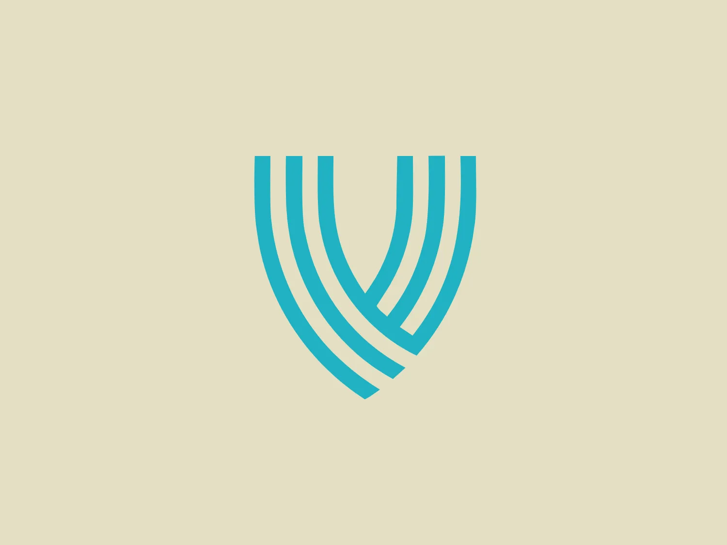 The Vancouver Economic Commission's logo is a stylized, abstract design resembling a shield or a stylized letter "V", made of multiple curved lines. It consists of five lines with varying widths, creating a sense of movement and depth, all converging towards the bottom center point. The design has a modern, clean aesthetic with its use of negative space and sharp curves. The logo's bright cyan or turquoise color gives it a fresh and energetic feel, which would be complemented by a subtle and muted background.