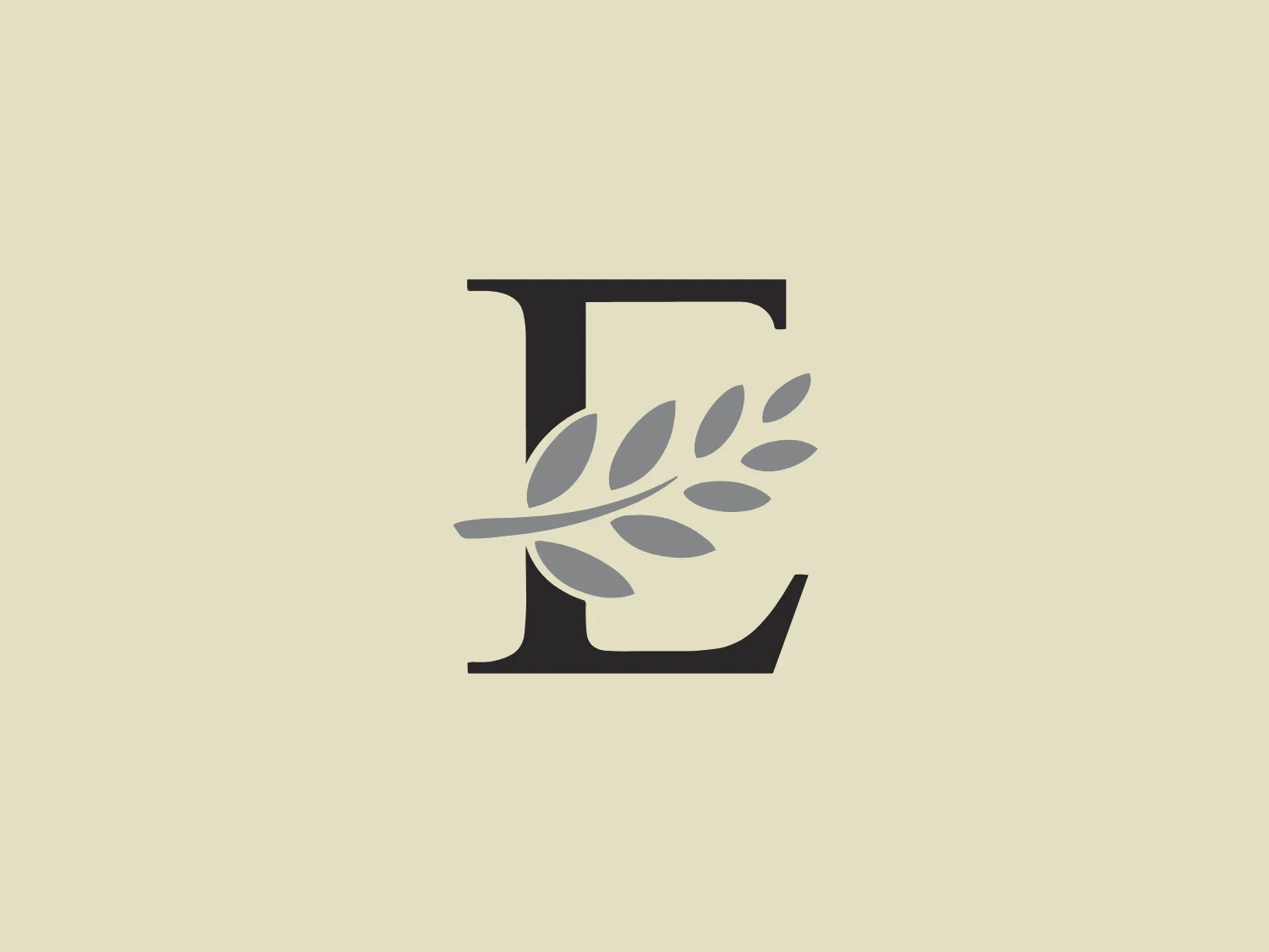 The Evaco logo features a stylized letter "E" in a bold serif font with a mid-tone gray color. Overlaid on the "E" is a lighter gray branch with leaves that adds a touch of nature to the design. The leaves are simple and stylized with smooth curves and pointed tips, creating a sense of growth and vitality. The overall aesthetic is modern yet classic, with a natural element that implies freshness or an organic quality. The simplicity and contrast between the two shades of gray give it a clean, professional look.
