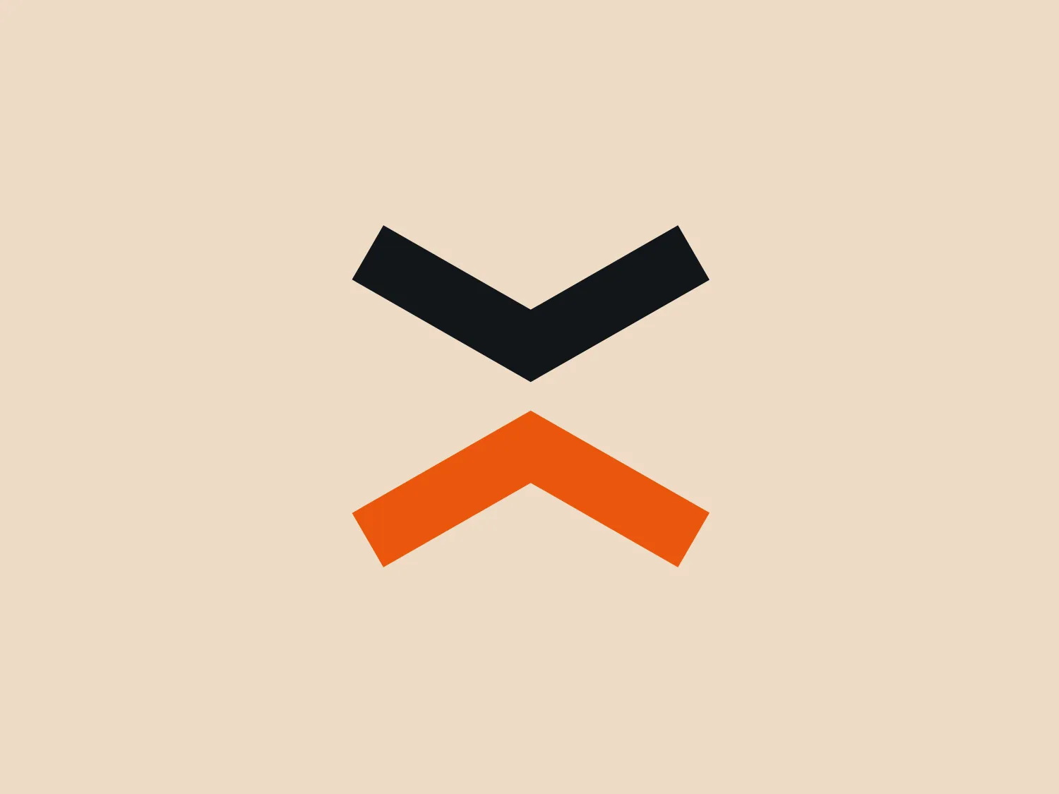 The logo for Etex Group features a highly stylized and abstract design, consisting of two chevron shapes positioned back-to-back with a slight gap between them, creating a sense of symmetry and balance. The color of the top chevron is a deep, bold black, while the bottom one is a vibrant, energetic orange. Together, they form a striking contrast that is both modern and clean in appearance. The sharp angles and minimalistic approach suggest a contemporary and dynamic brand. There do not appear to be any additional embellishments or text, which allows the simple yet powerful geometric shapes to stand out.