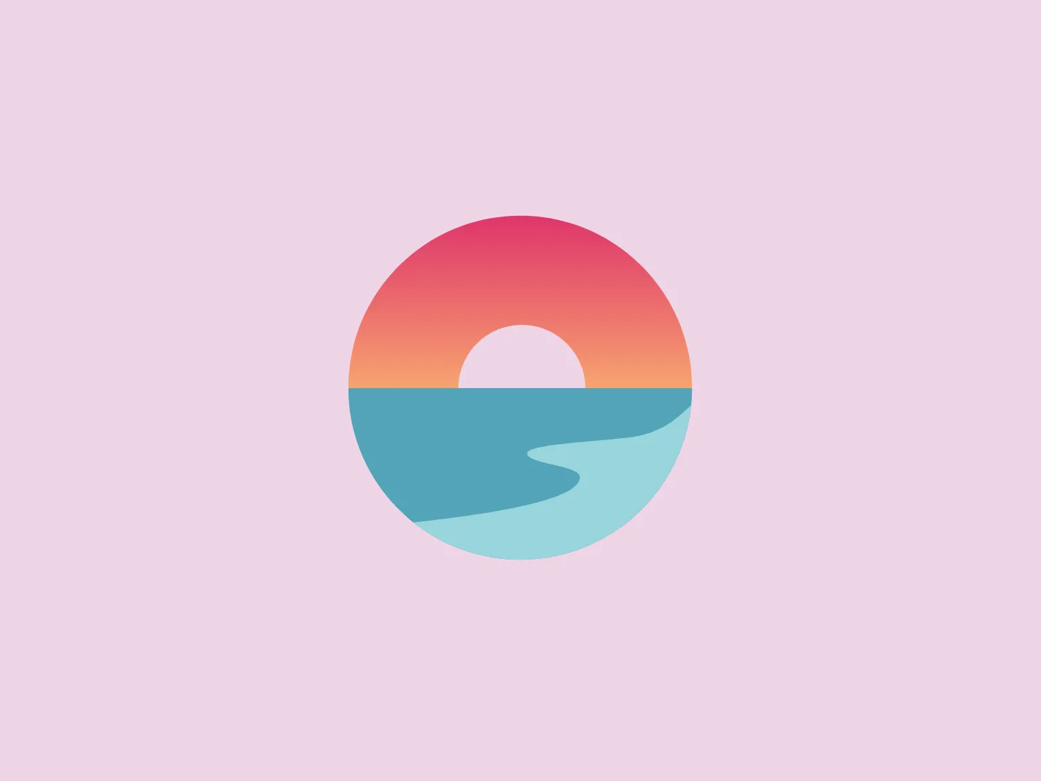 Horizon's logo showcases a stylized circular shape with a gradient color scheme that transitions from warm hues at the top to cool hues at the bottom, replicating a sunset or sunrise over water. The top half of the circle is filled with shades of pink, orange, and yellow, representing the sky, while the bottom half depicts the sea in various shades of blue with a gentle wave-like curve. At the center, there is a negative space creating the silhouette of a setting or rising sun halfway submerged by the waterline. The overall effect is soothing and evokes a sense of calm and nature.