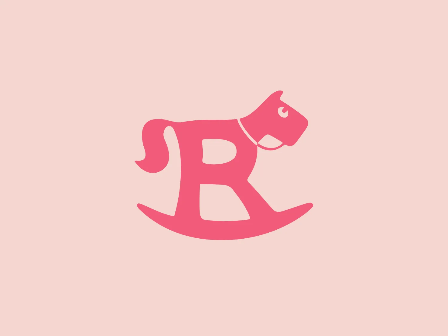The Rossnę! logo creatively integrates the letter "B" into the design of a rocking horse. The vibrant pink color gives it a playful and youthful feel. The "B" forms the body of the horse and the rocker, with simplified shapes for the head and tail. The design is modern, whimsical, and minimalistic, using negative space effectively to define the shape of the rocking horse.