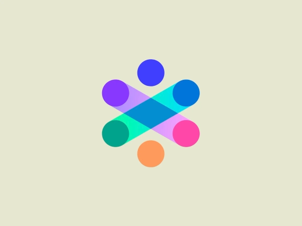 The XRecruiter logo features a symmetrical, abstract design with a central cross shape composed of elongated ovals of varying sizes, overlaid in a dynamic, pinwheel arrangement. The color palette is vibrant and includes shades of purple, blue, green, and pink, with an orange dot situated below the cross, creating a sense of balance. The overall design aesthetic is modern and playful, with a sense of movement and connectivity implied by the interlocking shapes. The gradient within each shape adds depth and a digital, energetic vibe to the logo.