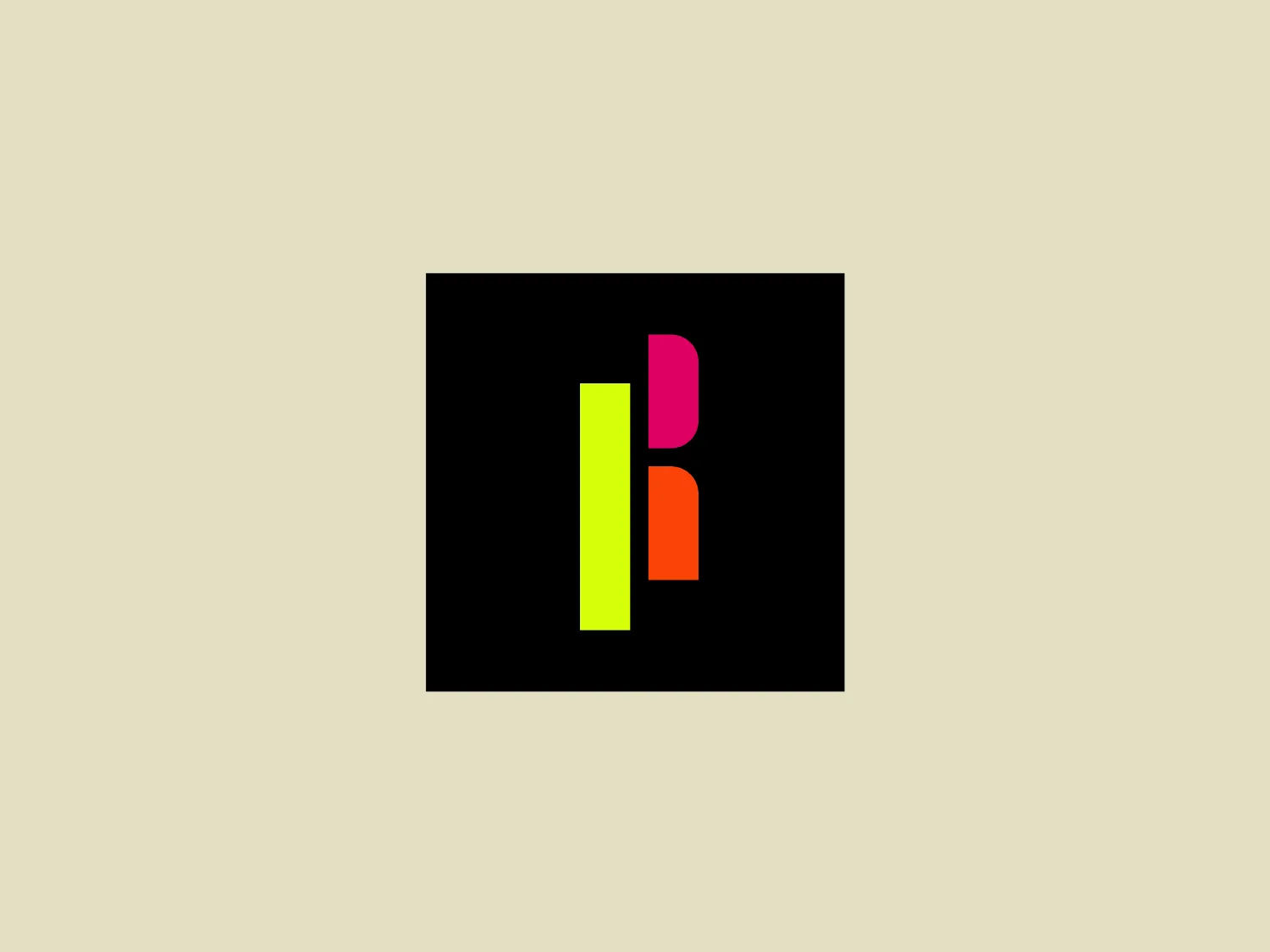The Rambert logo features a bold and modern design with three stylized letterforms that form the "I", "B", and "R" set against a solid black square background. The "I" is presented in bright lime green on the left side, the "B" in vibrant hot pink on the right top, and the "R" in vivid orange on the right bottom. The shapes are geometrically simple but create an intriguing overlap where the pink and orange meet, suggesting a layered effect. The overall aesthetic is playful and energetic, with a clear focus on high contrast and visibility.