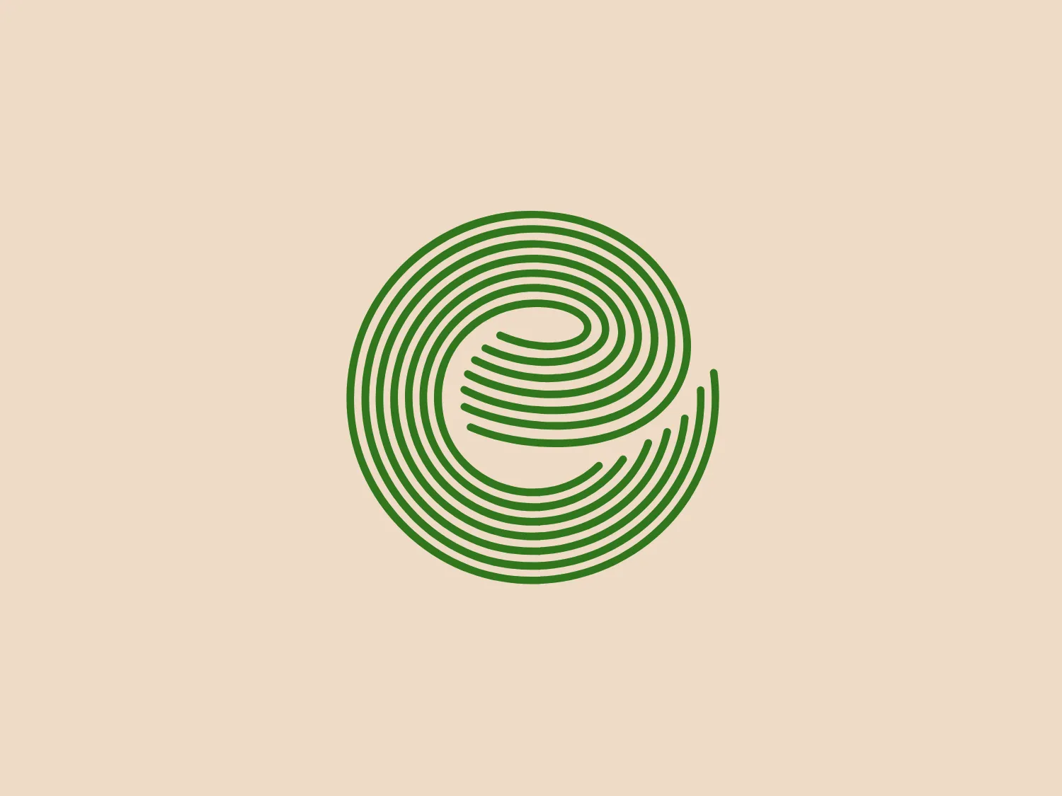The e-Agro logo is a modern and minimalist design comprising of concentric circles with varied spacing, creating a dynamic swirl effect in the center. The logo uses a single shade of green, providing a fresh and eco-friendly feel. The lines are evenly weighted, suggesting balance and harmony, while the circular motion implies movement and progression. Interesting features include the optical illusion of depth and movement due to the varying gaps between the circular lines.