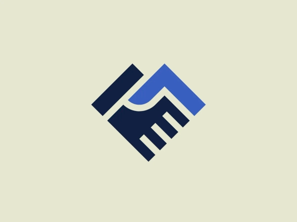 The Mittanbud logo features a bold, abstract geometric design comprising two intertwining elements. One element is a deep navy-blue color, creating a strong vertical presence with a staircase-like pattern on the right side, giving a sense of progression or growth. The interlocking piece is a lighter shade of blue, suggesting a bridge or an arch over the darker element, which adds depth and a sense of shelter or support to the component below. The two pieces form a hexagonal shape when combined, representing stability and efficiency. The overall aesthetic is modern, professional, and suggests strength and partnership.