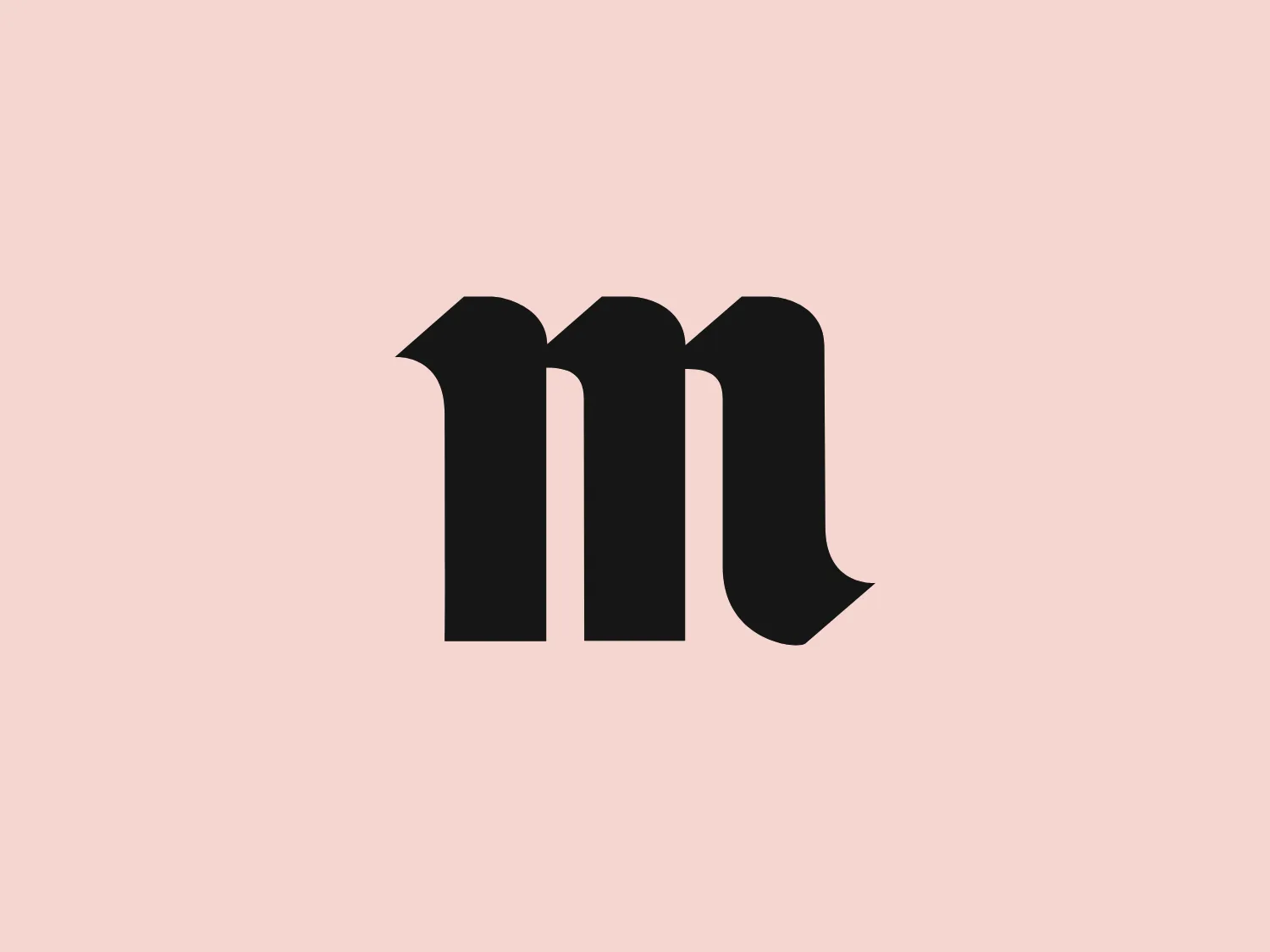 The Mahou San Miguel logo features a stylized lowercase 'm' in a bold, clean, and contemporary design. The letter is depicted in a bold, red color (#FF0000) and is characterized by smooth curved lines that taper to sharp points at the start and end of the letter, with the rightmost leg extending downwards and curling back onto itself, adding an element of fluidity and uniqueness to the design. The overall aesthetic is simple yet distinctive, and the logo is highly readable. Hexcode: #F5DDE7
