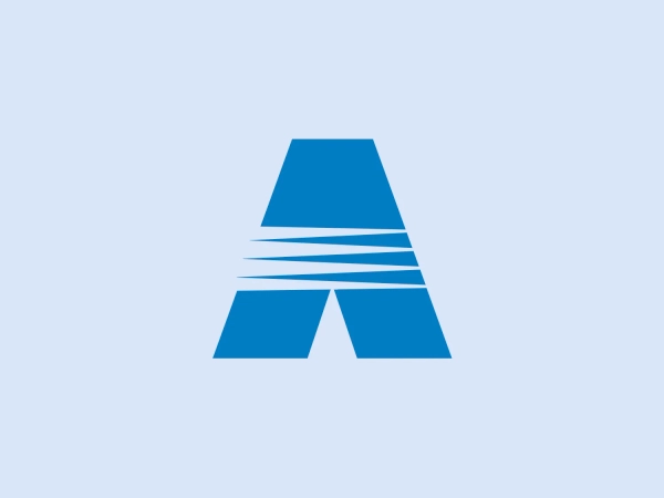 The image depicts a stylized capital letter "A" in a solid blue color. The letter has a bold, geometric design with sharp angles and straight edges that give it a modern and structured appearance. Within the negative space of the "A," there are three horizontal white lines that add dimension and represent movement or speed. The lines taper towards one end, suggesting perspective and depth. The overall design is simple, clean, and would scale well for various uses. The color and graphical elements suggest strength and innovation.