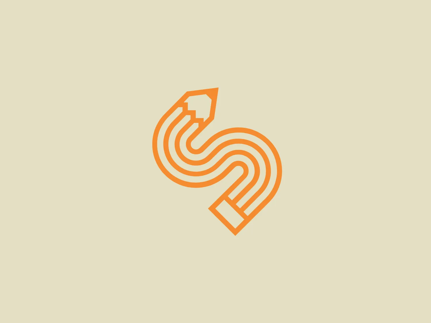 The Schoolrunner logo features a stylized arrow made up of three parallel, curving lines that converge at the arrowhead on the upper left side, suggesting movement or progress. The design is sleek and modern, with a minimalist aesthetic. The lines create a sense of dynamics and flow, with the negative space between them contributing to the design's airy feel. The color is a flat, warm shade of orange, giving the logo an energetic and vibrant look. An appropriate background color for this logo that would complement its warmth without overpowering it could be a light but contrasting hue.