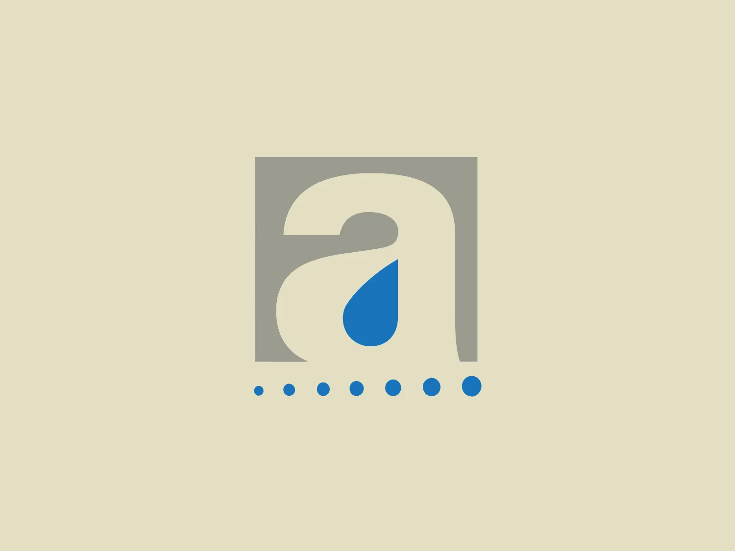 The Catalan Water Agency logo is a modern and abstract design featuring a stylized letter "a" in a minimalist font. The central figure is a white "a" with a fluid, curving tail that loops up and around to frame a droplet shape. This droplet is in a contrasting shade of blue, suggesting themes of water, purity, or freshness. The logo is enclosed within a square gray border that provides structure to the design. Below the "a," a row of blue circles of the same color as the droplet creates a sense of continuity and balance. The overall aesthetic is clean, professional, and sleek, with a color palette that invokes a feeling of calmness and reliability.