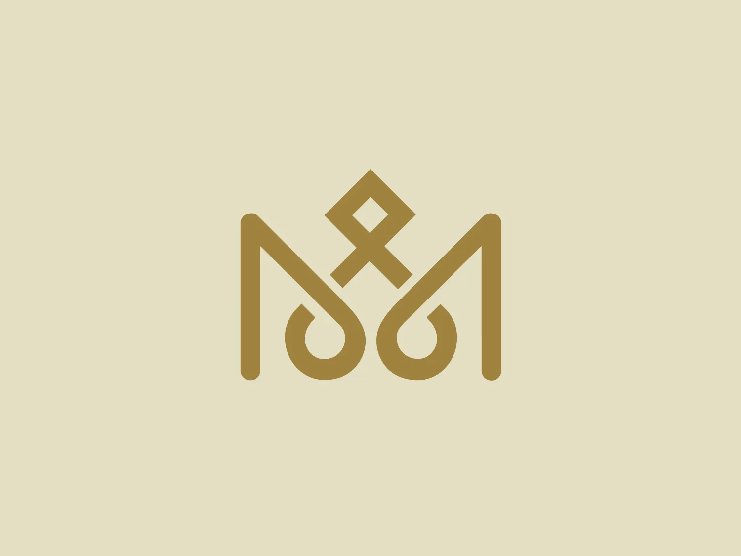 The Makeda Consulting logo showcases a stylized, symmetrical design characterized by a mix of geometric and curvilinear elements. Its central shape bears a resemblance to a crown or mountain peak, with additional peaks on either side that curve downward like hooks or leaves. At the top of the central peak, there's a smaller diamond-like shape with a cross, giving the impression of a simplified bow tie or an hourglass. The entire logo is depicted in a single, flat gold color, exuding luxury and elegance. The minimalist approach and clean lines add a modern and sophisticated touch to the overall design.