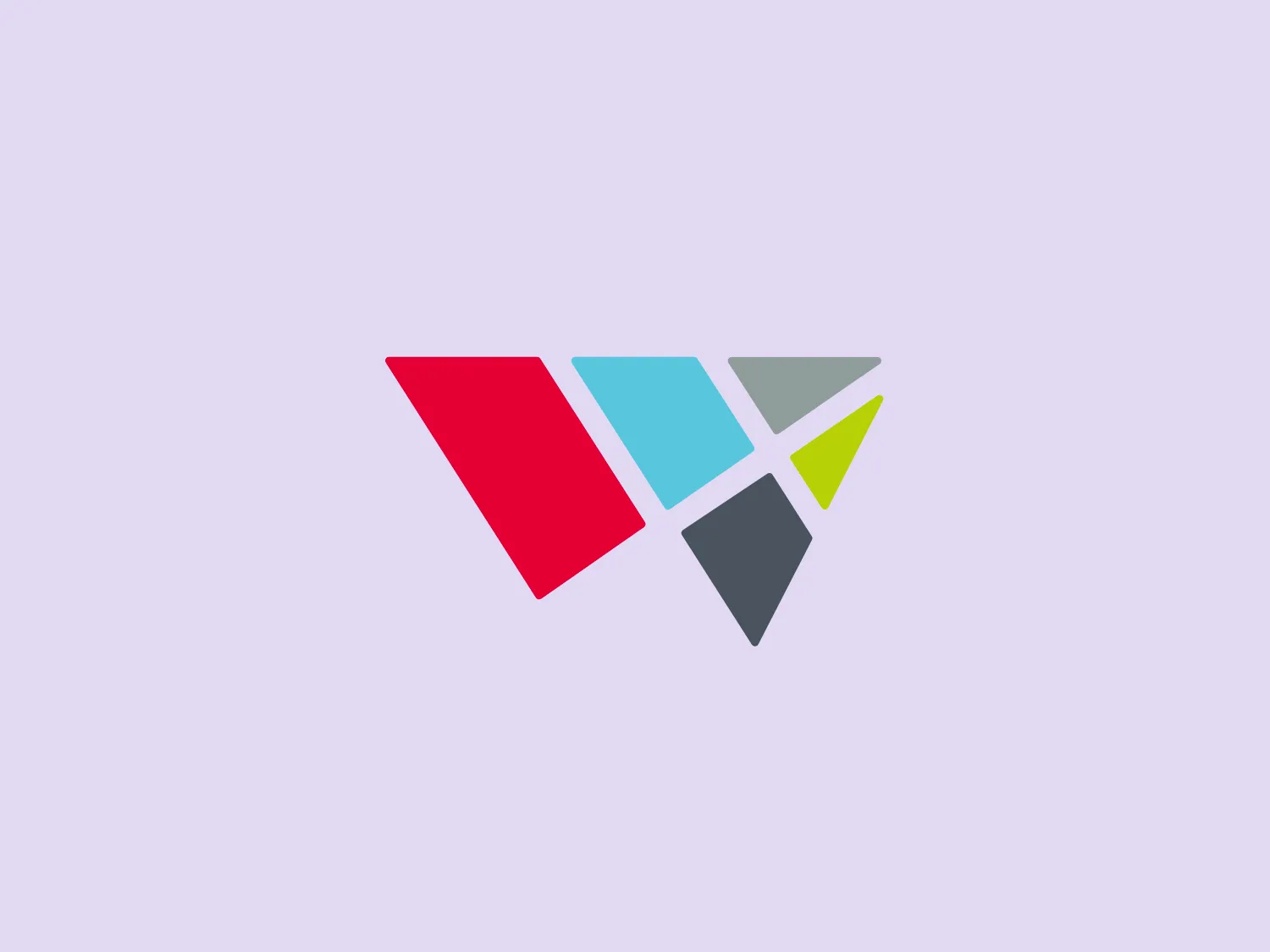 The Downtown Wichita logo showcases a modern and dynamic geometric design made up of five parallelogram shapes that come together to form a stylized letter 'W'. The vibrant colors include rich crimson (#E63946), sky blue (#58ABF6), lighter bluish-grey (#CDD7D6), darker gunmetal grey (#2E4052), and bright lime green (#95E06C) arranged in a way that suggests innovation and connectivity. The design features sharp angles and a flat style, emphasizing clarity and simplicity. Hexcode: #F7DED6.