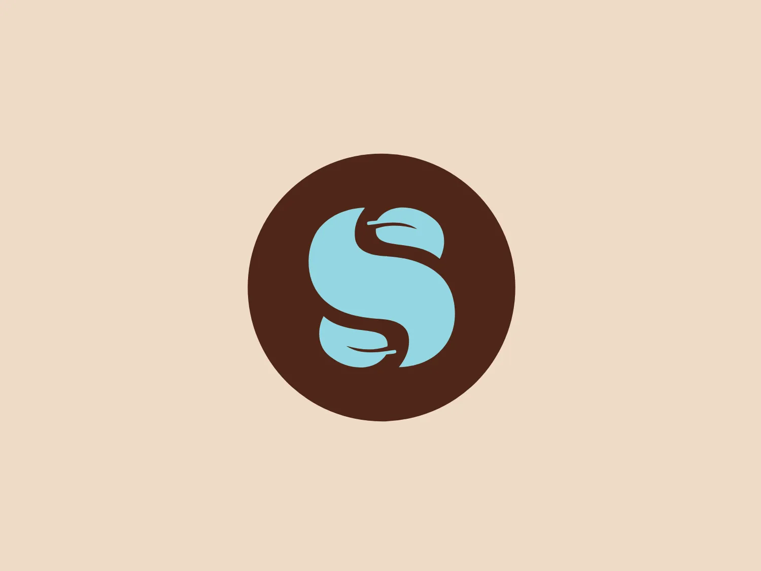 The Systrasamlagid logo showcases a stylized letter 'S' in a light teal color (#76d7c4) with subtle leaf-like embellishments on either end, centered within a dark chocolate circle. The design conveys a sense of organic elegance and simplicity, with a modern twist through the use of smooth curves and clean lines. The contrast between the teal and the dark background highlights the icon's form and makes it stand out. Hexcode: #F2E2D0