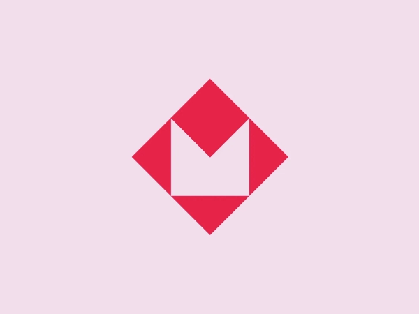 The image is of a simplistic and modern logo, composed of geometric shapes in a vivid red color. It features a central square turned on its point, creating a diamond-like figure. Inside this diamond, an inverted triangular space at the bottom evokes the impression of an abstract letter 'M' or a downward arrow. The striking red gives the logo a bold and dynamic presence, while the clean lines contribute to a sleek and contemporary feel. The balance between the positive and negative space adds to the visual intrigue of the design.