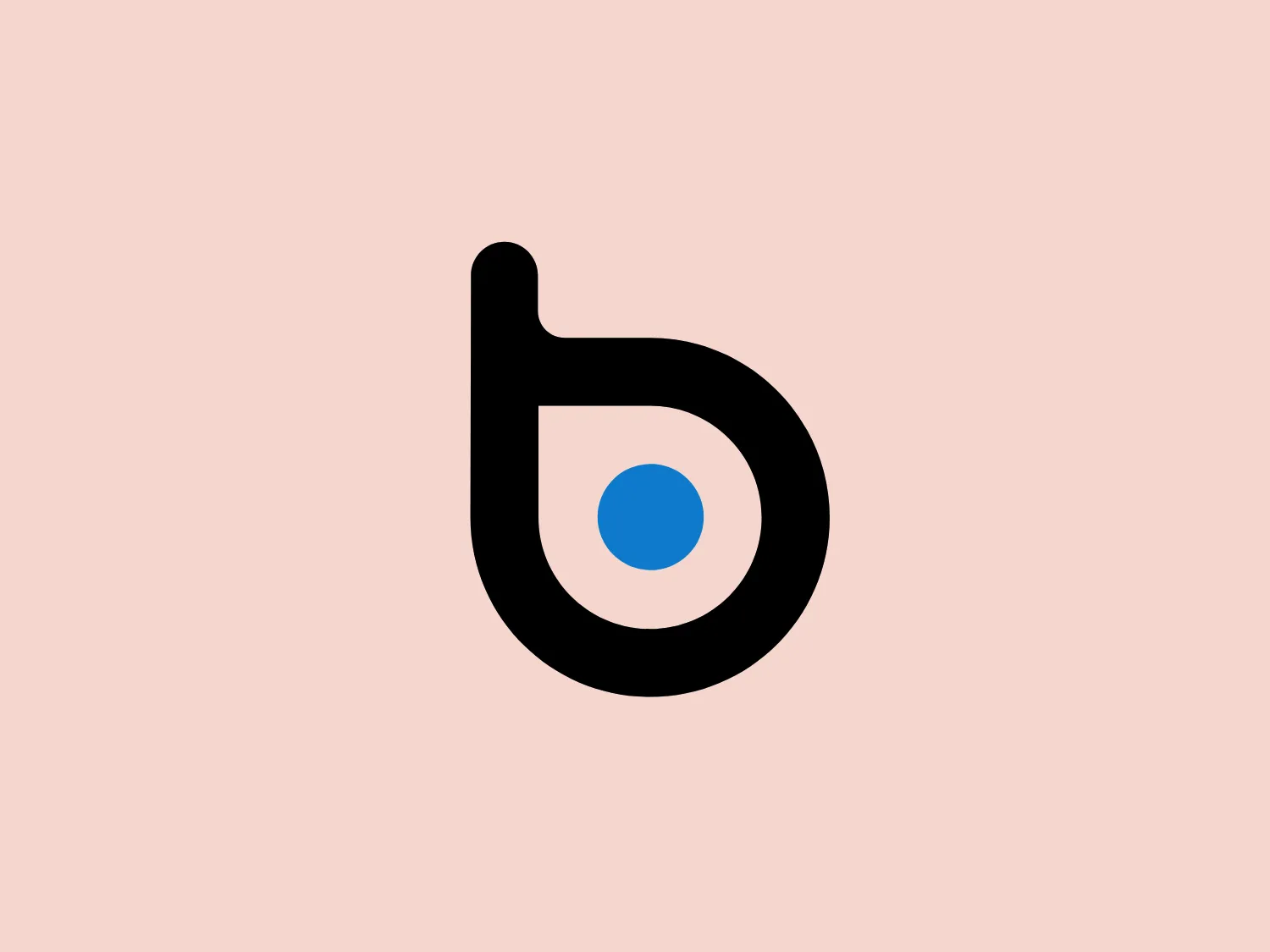 The BlueDot logo is a stylized lowercase letter 'b', combining geometric forms. The main form is a bold, black loop that encircles a smaller, solid blue circle. The design is simple, modern, and clearly contrasts the deep black against the bright blue, giving it a striking and easily recognizable appearance. Due to the minimalistic design and clean lines, the logo conveys a contemporary and sleek aesthetic.