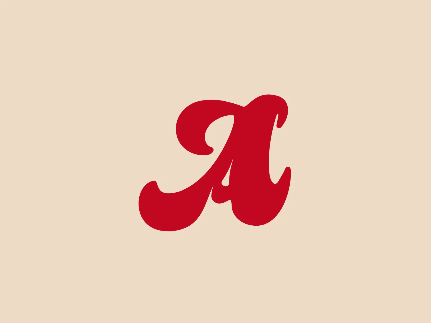 The image displays a stylized letter "A" with fluid curves and elongated tails, giving it an elegant and dynamic feel. The logo is rendered in a rich, solid red color that conveys energy and passion. The design employs thick lines that taper towards the end, adding a sense of movement. This particular typeface is reminiscent of calligraphy or brushwork, which provides a personal and artistic touch to the symbol.