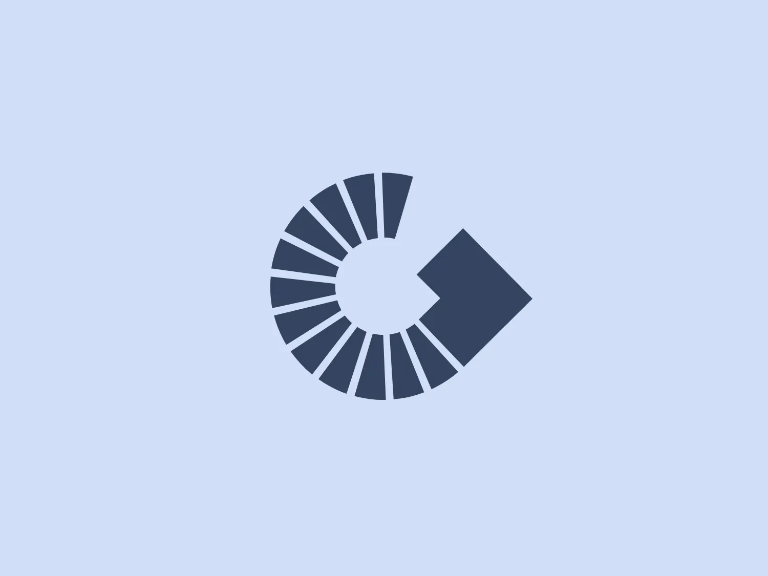 The Business Region Göteborg logo features a modern and stylized abstract shape resembling a pie chart or a segment of a wheel with a cutout. There is a series of evenly spaced vertical lines or bars that form the circular shape, converging inward like the rays of the sun. These lines are interrupted by a solid, arrow-like shape pointing to the right, which slightly protrudes from the circular form. The design uses a single color, a deep and muted shade of blue, which adds to its sleek and professional appearance. The negative space in the center of the logo creates a focal point that draws the eye.