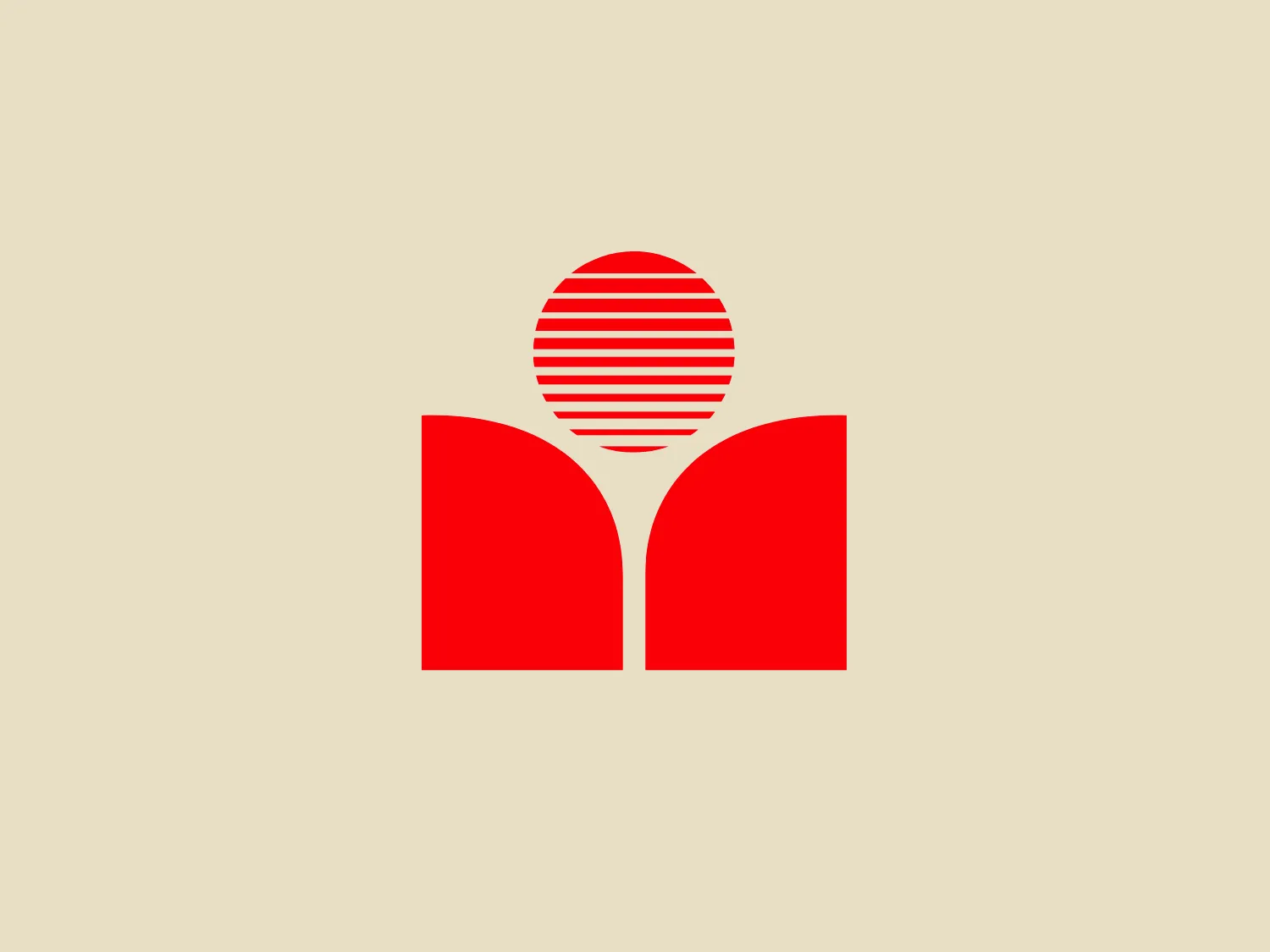 The minimalist logo features a bold, red color palette and an abstract shape resembling an open book or a butterfly. It includes a central circle with horizontal white stripes, creating a striking contrast that draws the eye. The logo's simplicity, movement, and contrasting colors contribute to its modern and captivating look. To best complement the logo, a light, neutral background color is recommended to maintain its visual impact.