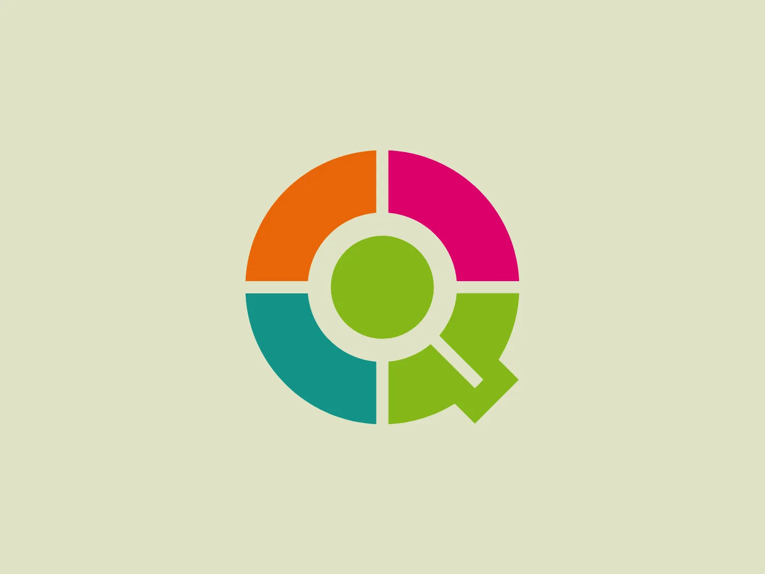 The QRS logo is a flat-design circular emblem with four distinct colored quadrants: orange, pink, aqua, and green. It features a white cross that divides the circle into quarters and integrates a stylized magnifying glass in the lower right quadrant, overlapping the aqua and green sections. The magnifying glass handle extends outward, doubling as a dial or pointer, hinting perhaps at analysis or search functionality. This modern, friendly logo is characterized by its bright colors and clean lines.