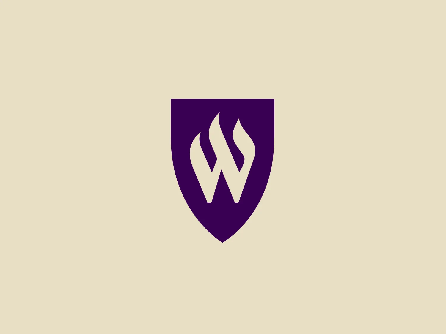 The logo features a stylized shield shape as the main element with a vivid purple color. On the shield, two mirrored abstract designs resembling a combination of the letter 'W' and flames or leaves in white create a dynamic and symmetrical effect. The overall design aesthetic is modern and clean, with a sense of strength and protection suggested by the shield motif. Sharp angles in the abstract design add to the assertive and energetic feel of the logo.