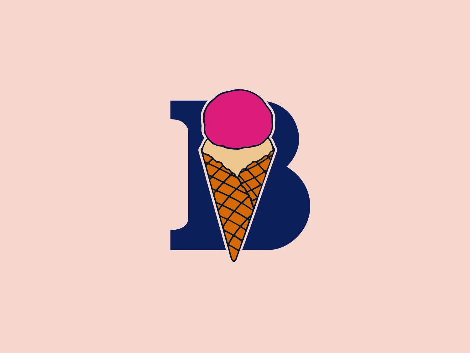 The Braum’s logo presents a stylized, royal blue "B" with a classic serif typeface. A whimsically detailed ice cream cone is integrated within the letter, tilted to fit its form. The cone is depicted with a crisscross waffle pattern in shades of orange and beige, with a vibrant pink scoop of ice cream on top, creating a playful contrast. The overall design effectively combines a formal font with a fun graphic element, creating a visually interesting and inviting image.