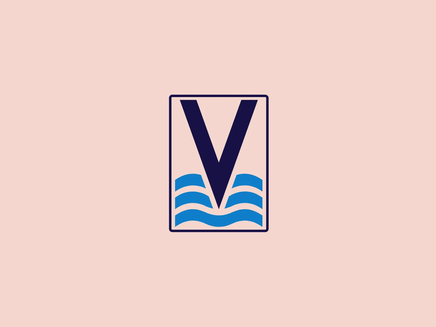 The Vroon logo features a stylized letter "V" in a deep blue color, set within a rectangular frame. The "V" appears bold and has a sharp vertex pointing downward. Below the "V," there are two wavy blue lines, suggesting a connection to water or waves. The clean and modern design of the logo, with its use of negative space and geometric shapes, gives it a professional and polished look. The stark contrast between the blue of the "V" and the white background highlights the logo's simplicity and elegance.