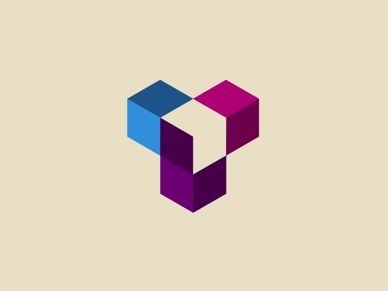The Thuringian Energy logo features a modern, geometric design composed of three interlocking cubes in deep blue, magenta, and purple hues. The white space between the cubes creates a clear separation, aiding the illusion of depth and interconnectivity. Each cube is shaded to enhance the three-dimensional effect, with one side appearing lighter to suggest a light source. The overall aesthetic is clean, minimalistic, and suggests innovation or technology. The corners are slightly rounded, giving the shapes a more approachable and less harsh feel.