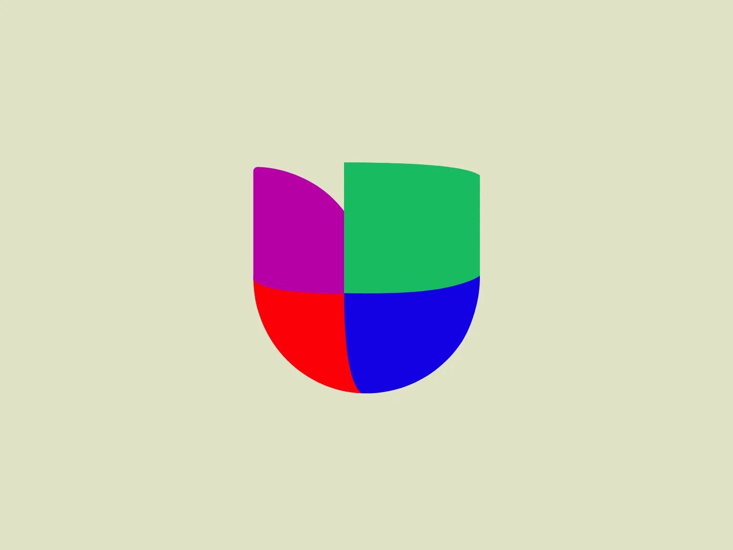 The Univision logo consists of a stylized shield divided into four quarters with a curved bottom edge. Each quarter is filled with a vibrant solid color—magenta, green, blue, and red, with a white background. The sections meet at the center with straight lines, creating a dynamic and modern look. The logo embodies simplicity and is reminiscent of a pie chart or a simplistic flower with rounded petals. Hexcode: #E9E5CF