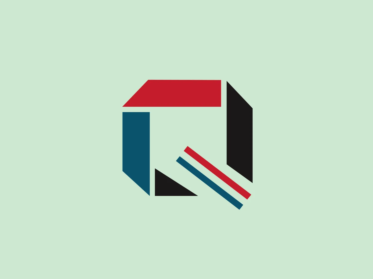 The Quantum Credit Union logo features a stylized, geometric representation of a cube with a three-dimensional impression. Composed of parallelograms and trapezoids, it creates the illusion of a three-dimensional form. The color palette includes bold red, deep black, vibrant blue, and a splash of white, creating a dynamic and attention-grabbing scheme. Two thin horizontal lines superimposed over the cube add complexity, suggesting connectivity or motion. The overall design aesthetic is modern, clean, and professional, with added visual appeal through its sense of depth.