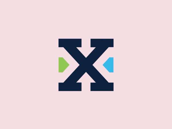 The Interxion logo features a bold, geometric design with stylized letters forming an interconnected shape, resembling the letter "X." The main color of the design is a dark navy set against a crisp white background. Two small triangles in bright lime green and softer sky blue add a pop of color. The overall aesthetic is modern and clean, making it well suited for a tech company or a brand seeking a sleek, contemporary image.