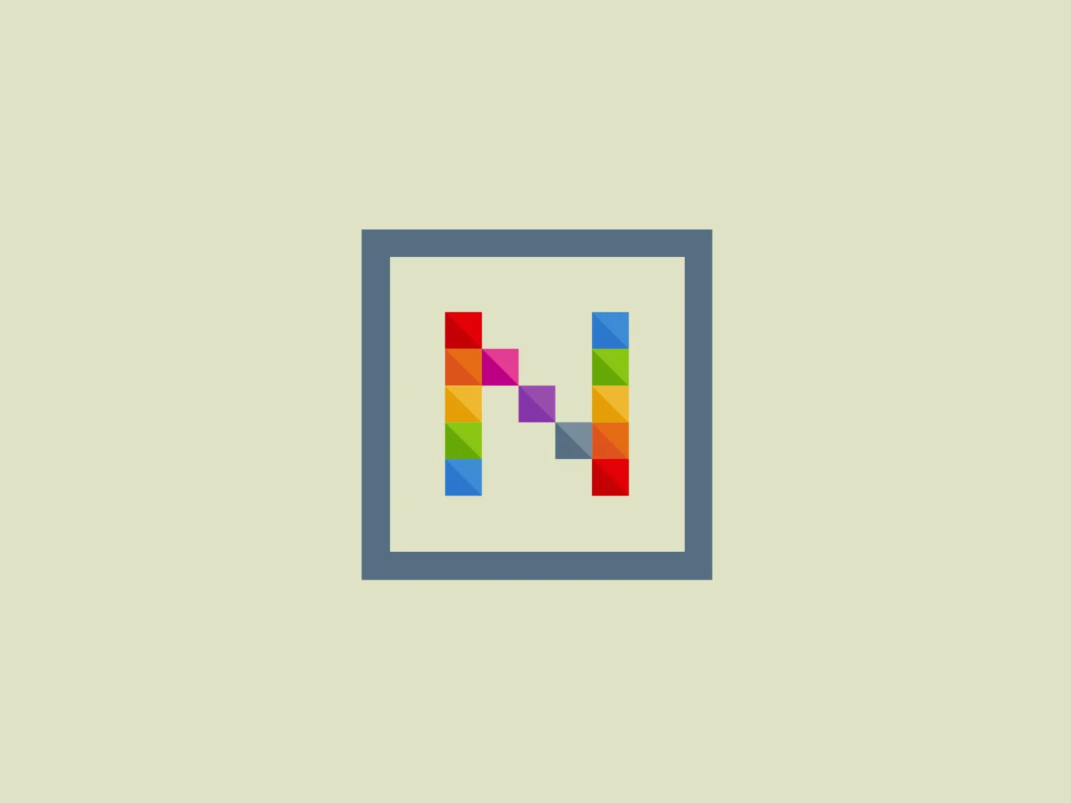 The logo for News Now showcases a stylized letter "N" created with multicolored right-angled triangles, forming a geometric gradient that transitions from red through the color spectrum to purple. It is surrounded by a square border in a muted shade of grey, providing contrast and emphasizing the "N". The design's aesthetic feels modern, digital, and dynamic, suitable for a tech company or creative industry. Given the vibrancy of the colors within the "N", a neutral background would complement it best.