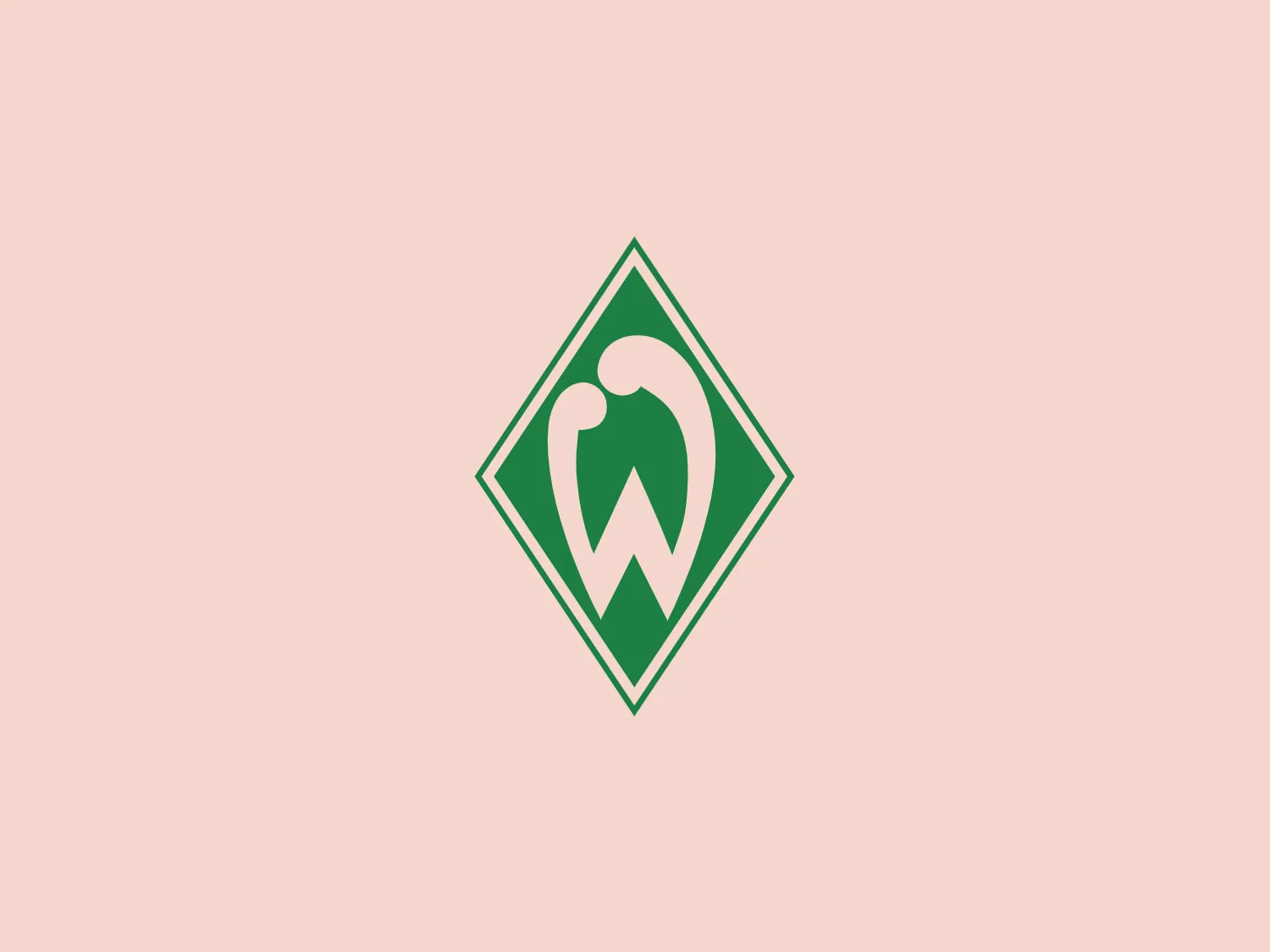 The Werder Bremen logo features a stylized representation of a tooth situated within a double-layered diamond shape. The tooth is centered, with a prominently curved root and slightly pointed crown, creating a visual associated with dental care or hygiene. It is white and contrasts with the green background of the diamond shapes, giving the logo a fresh and clean look. The inner diamond is solid green, and the outer diamond has a thinner outline in a darker green shade, adding dimension to the design. Both diamonds are rotated 45 degrees, creating a dynamic composition.