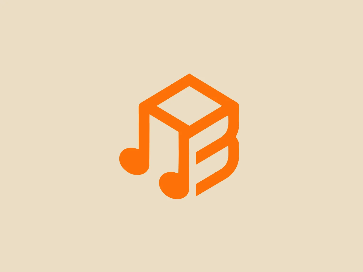 The Blosical logo showcases a modern and fluid three-dimensional hexagon seamlessly transitioning into musical notes. The vibrant, solid orange color suggests creativity and energy, while the negative space inside the hexagon creates an interesting visual play. With smooth geometric lines and a symmetrical design, the logo offers a sense of balance while communicating a blend of structure and artistry.