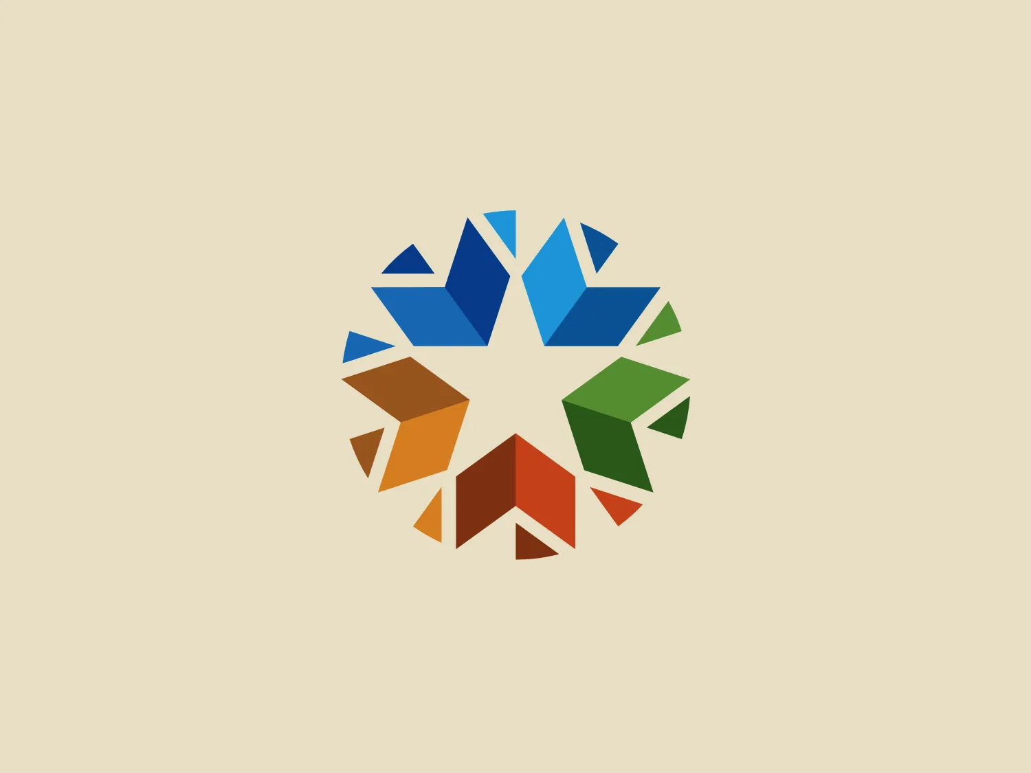 The logo for Oklahoma features a circular, pinwheel-like design formed by multiple colorful triangles converging towards the center, representing diversity and interconnectivity. The vibrant spectrum of colors, including shades of blue, green, orange, and brown, symbolizes a range of services or values. The arrangement of shapes and use of negative space give the logo a sense of movement and collaboration, while suggesting unity and harmony.