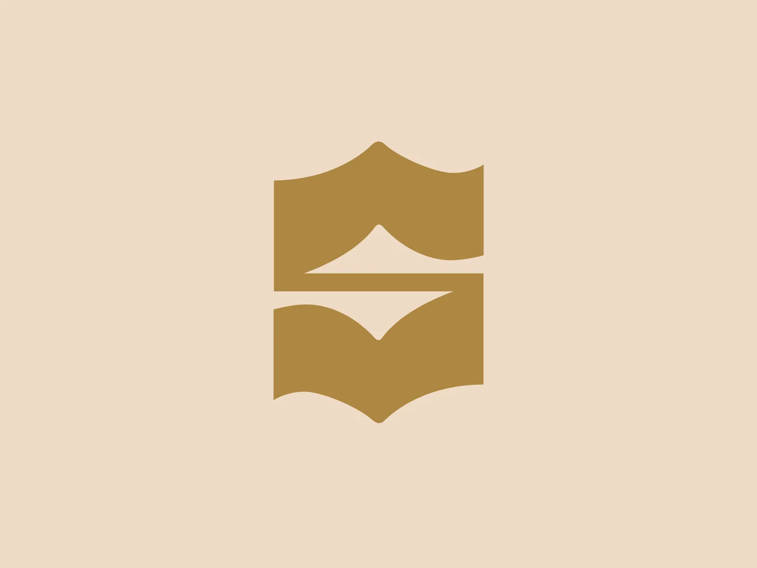 The Shangri-La logo embodies a stylized emblem with three layers, mirroring each other in a wave-like pattern at the top and bottom. The middle layer inverts this pattern, creating a sense of balance. The minimalist, modern design features a solid, earthy golden-tan color, resembling an abstract, geometric shield or a stylized letter, lending it a versatile and timeless appeal.