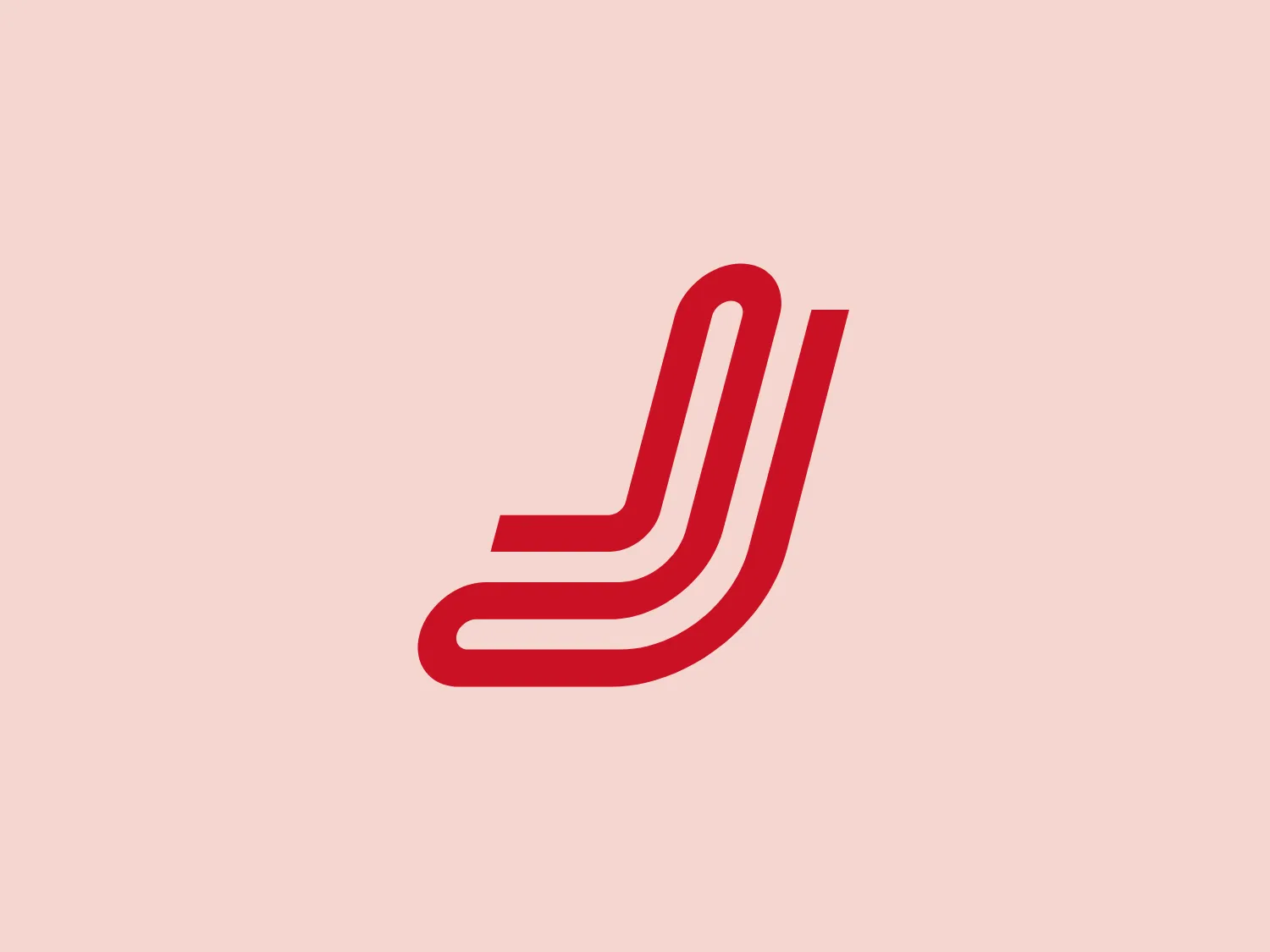 The Jamef logo is a contemporary, abstract mark that showcases a stylized letter "J" formed by two bold, gradient red lines. The lines, with rounded ends, form a minimalist representation of a seat or a person in profile, exuding a clean, modern feel. The vibrant colors and effective use of negative space make the logo distinctive, with a background color such as pale, soft pink providing a subtle contrast while highlighting its vibrant tone.