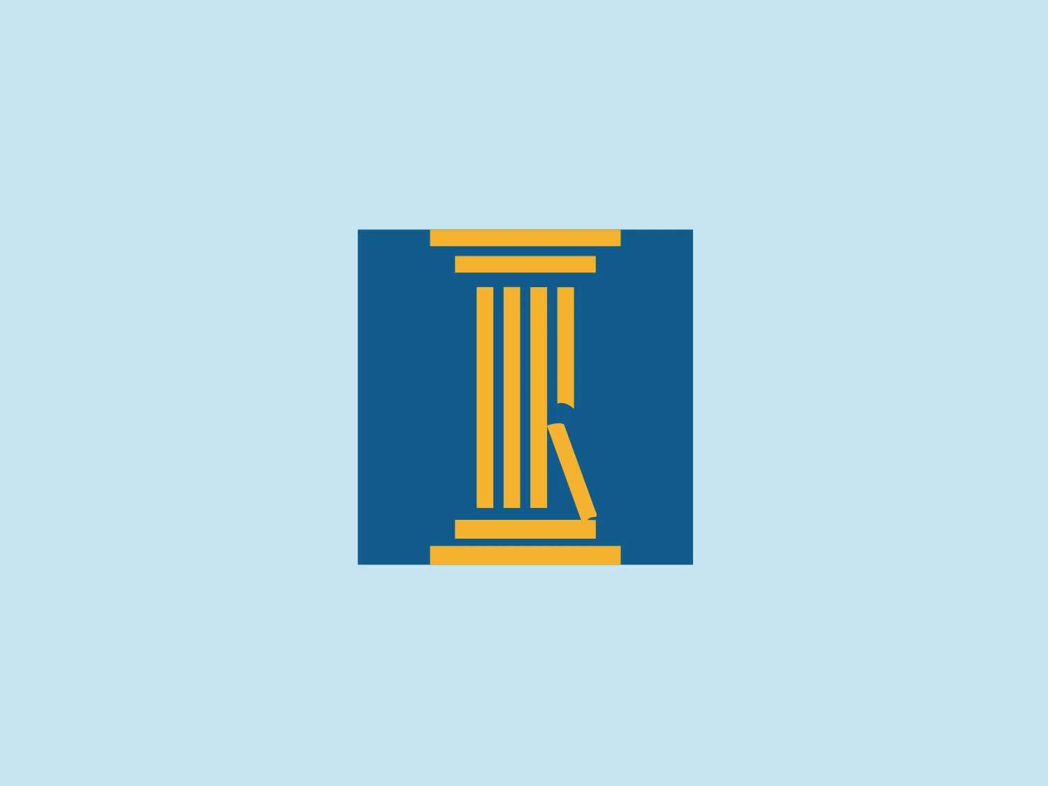 The logo for Injury Lawyers Ontario features a bold and structural design with an abstract representation resembling a column or pillar, symbolizing stability and strength. It consists of vertical and horizontal lines in a gold-yellow shade (#FFB800) creating a stylized "K" within the negative space, set against a deep blue square background (#005A9C). The design exudes professionalism and trustworthiness, perfect for conveying a corporate or institutional impression.