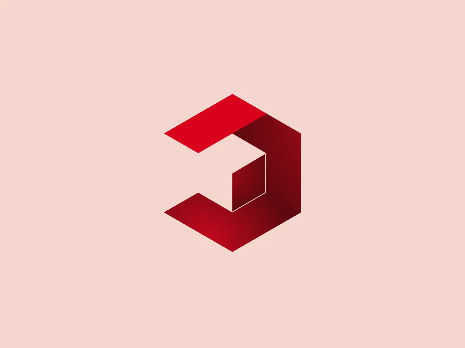 The Three Little Pix logo is a three-dimensional design in the shape of a stylized letter "C". The minimalist design uses geometric shapes to create the impression of depth and dimension, with shades of red accentuating the contrast and the illusion of the logo floating above the background. The edges are sharp, giving the overall design a modern and clean look.