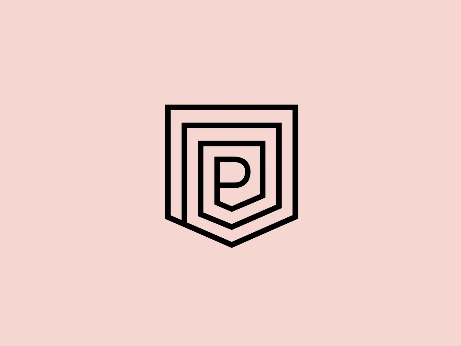 The Parc Architectes logo features a stylized letter "D" at the center encased within multiple concentric shields or crest-like shapes. The design is very geometric and angular, giving it a strong and secure feel. The logo is monochromatic, with the entire image appearing in black on a white background, emphasizing contrast and simplicity. The use of negative space around and within the shapes accentuates the "D" and gives the impression of depth and layering. A background color that would complement this logo by providing a subtle, warm contrast while not overpowering the clean lines would be #F8DED9.