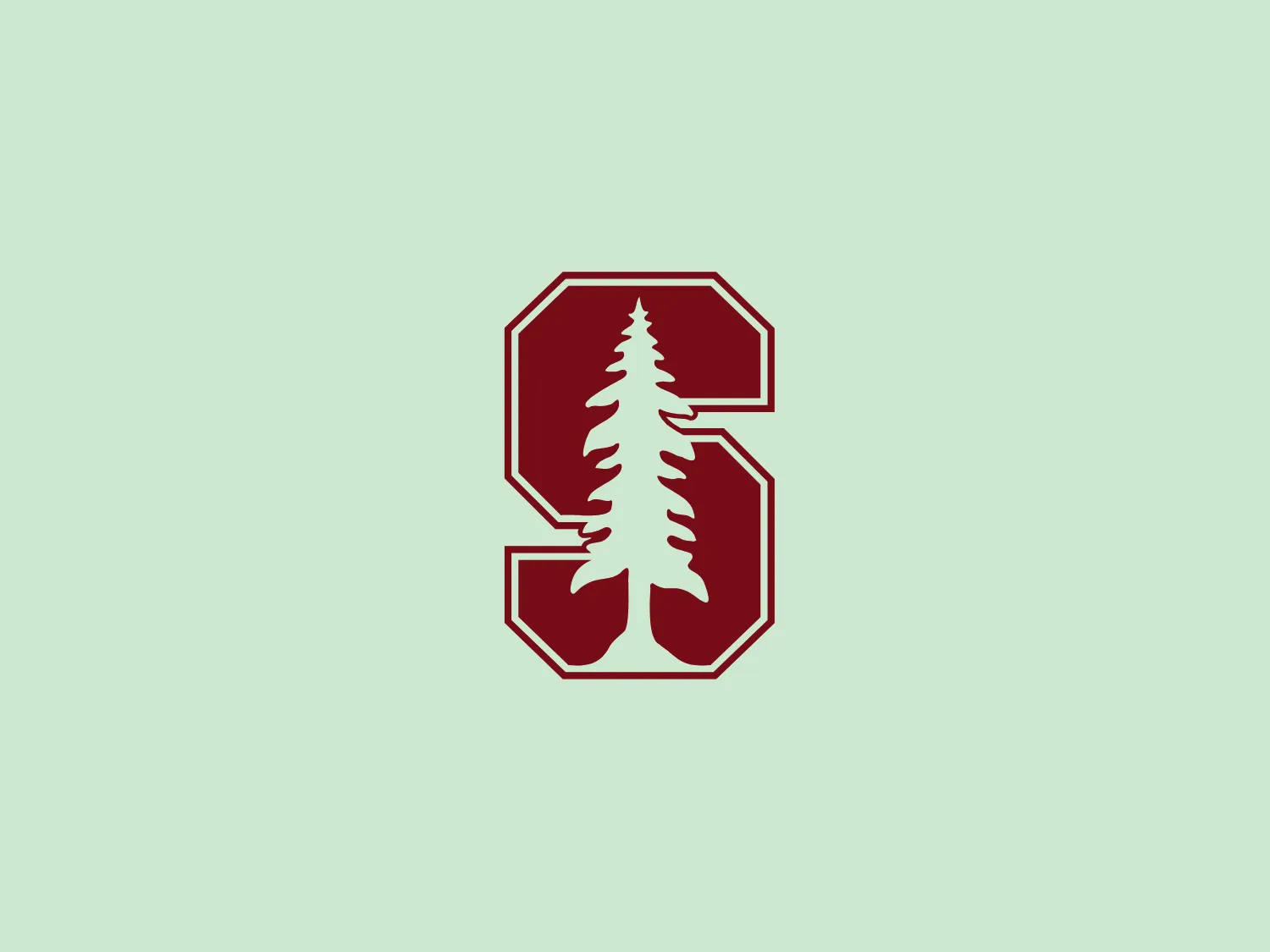 The Stanford University logo features a stylized letter "S" in a deep crimson or maroon color. Within the negative space of the "S," there is a detailed white illustration of an evergreen tree, perhaps a pine or spruce, which is centered and extends from the top to the bottom of the letterform. The "S" itself has a bold, blocky design with sharp angles and flat sides that resemble a varsity letter typical of collegiate or sports-related insignias. The contrast between the dark hue of the "S" and the white tree creates a striking visual impact, and the design feels both outdoorsy and academic.