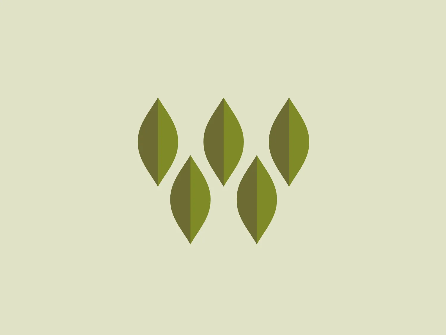 The Woodmont Cabinetry logo features five symmetrical leaf-like shapes arranged horizontally, gradually decreasing in size from left to right. Each leaf has a two-tone color scheme, with a darker green on the left side and a lighter olive green on the right side, separated by a thin white line down the center resembling a leaf vein. The shapes are slightly angular and elongated, creating an organic yet modern look. The overall effect is simplistic, stylized, and evokes themes of nature, growth, and sustainability.