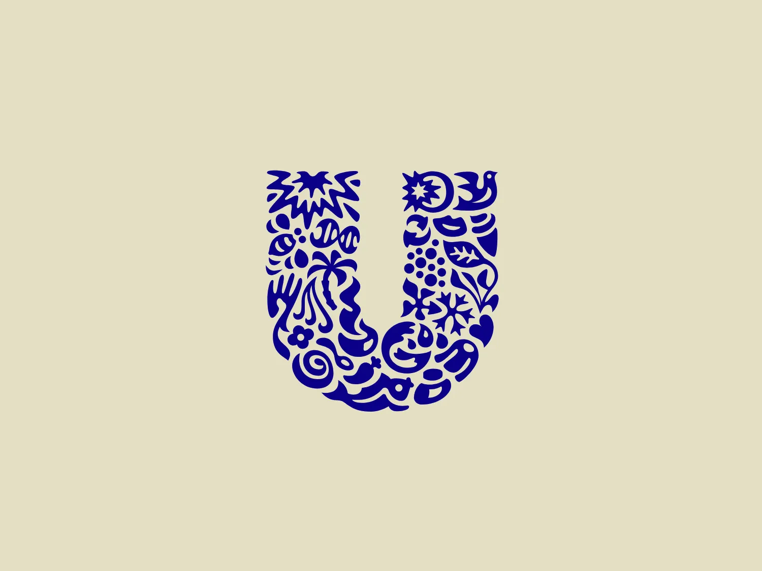 The Unilever logo appears to consist of intricate and stylized illustrations forming a shield-like shape. The design features a collection of floral and organic patterns, ranging from leaves and flowers to abstract swirls, all densely packed to create a cohesive emblem. It is monochromatic, using a deep blue color which gives it a classic and professional appearance. The contrast between the negative space and the blue areas creates an engaging and dynamic visual effect, suggesting detail and craftsmanship. The logo has a symmetrical layout that adds to its balanced and harmonious look.