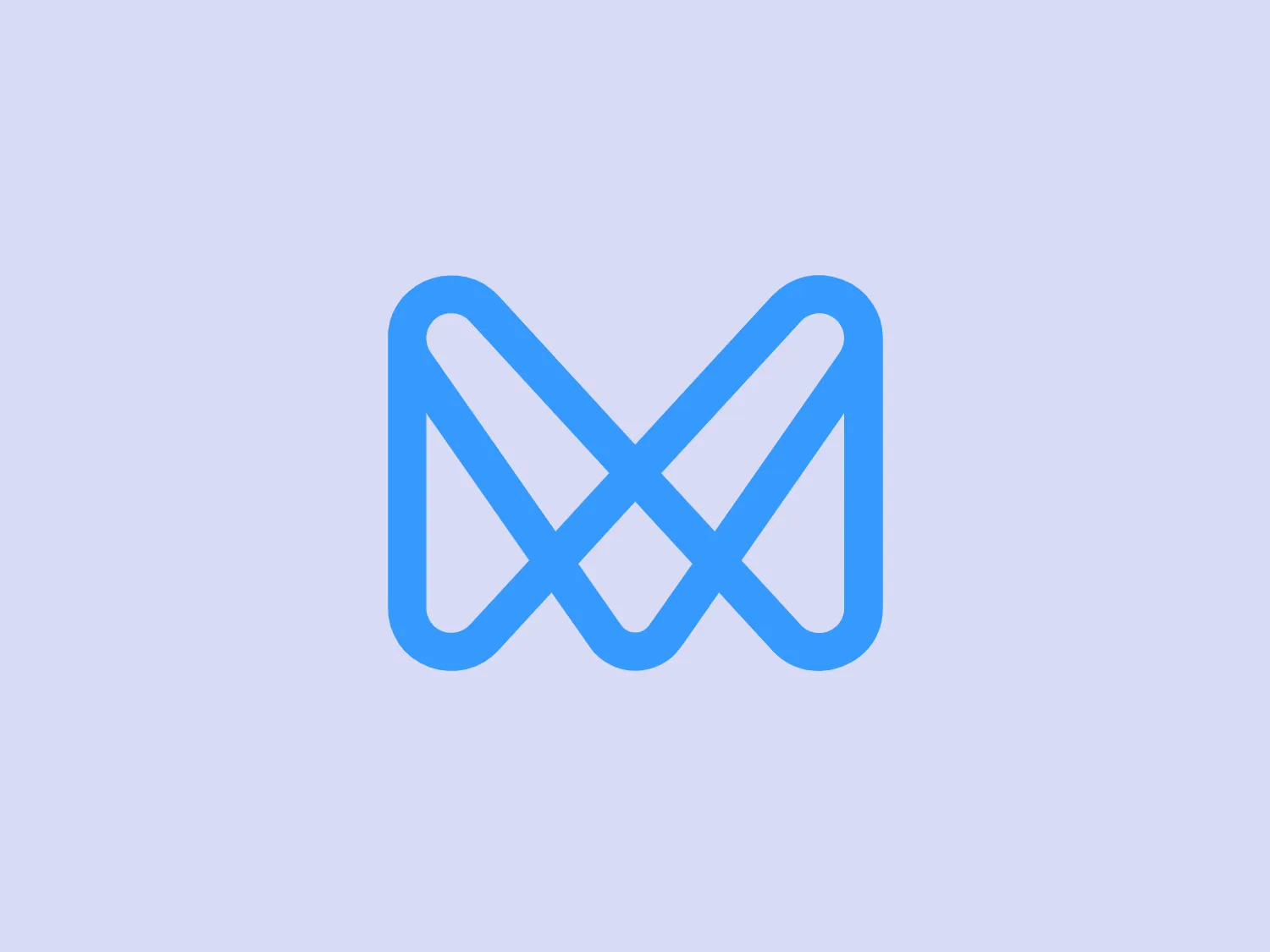 The Monese logo is a stylized, symmetrical emblem consisting of interconnected lines that form a shape resembling an abstract butterfly or a letter "M" with extended wings. The design is minimalist and geometric, with smooth curves and sharp points that are evenly balanced. It uses a singular shade of light blue, which gives it a fresh, clean, and modern appearance. The lines are both fluid and structured, suggesting motion and connectivity, which may imply this is a logo for a company or product related to technology, communication, or a service that emphasizes synergy and cooperation.