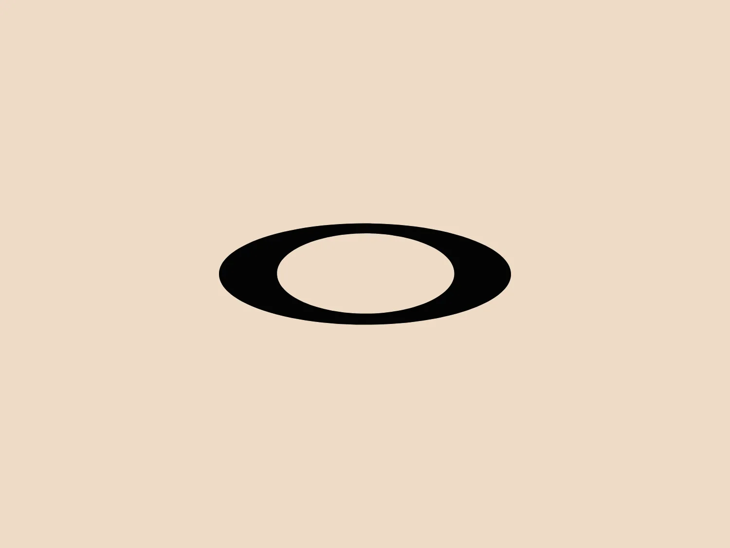 The image depicts a minimalistic, black Oakley logo consisting of an elongated oval shape with a thicker outline, suggesting a modern and simplistic design aesthetic. The form is solid black with no additional embellishments, gradients, or textures, which gives it a bold and clean appearance. Its unadorned style makes it versatile and easily recognizable. Given the starkness of the black Oakley logo, a neutral or pastel background that does not compete with the logo's simplicity would be ideal.