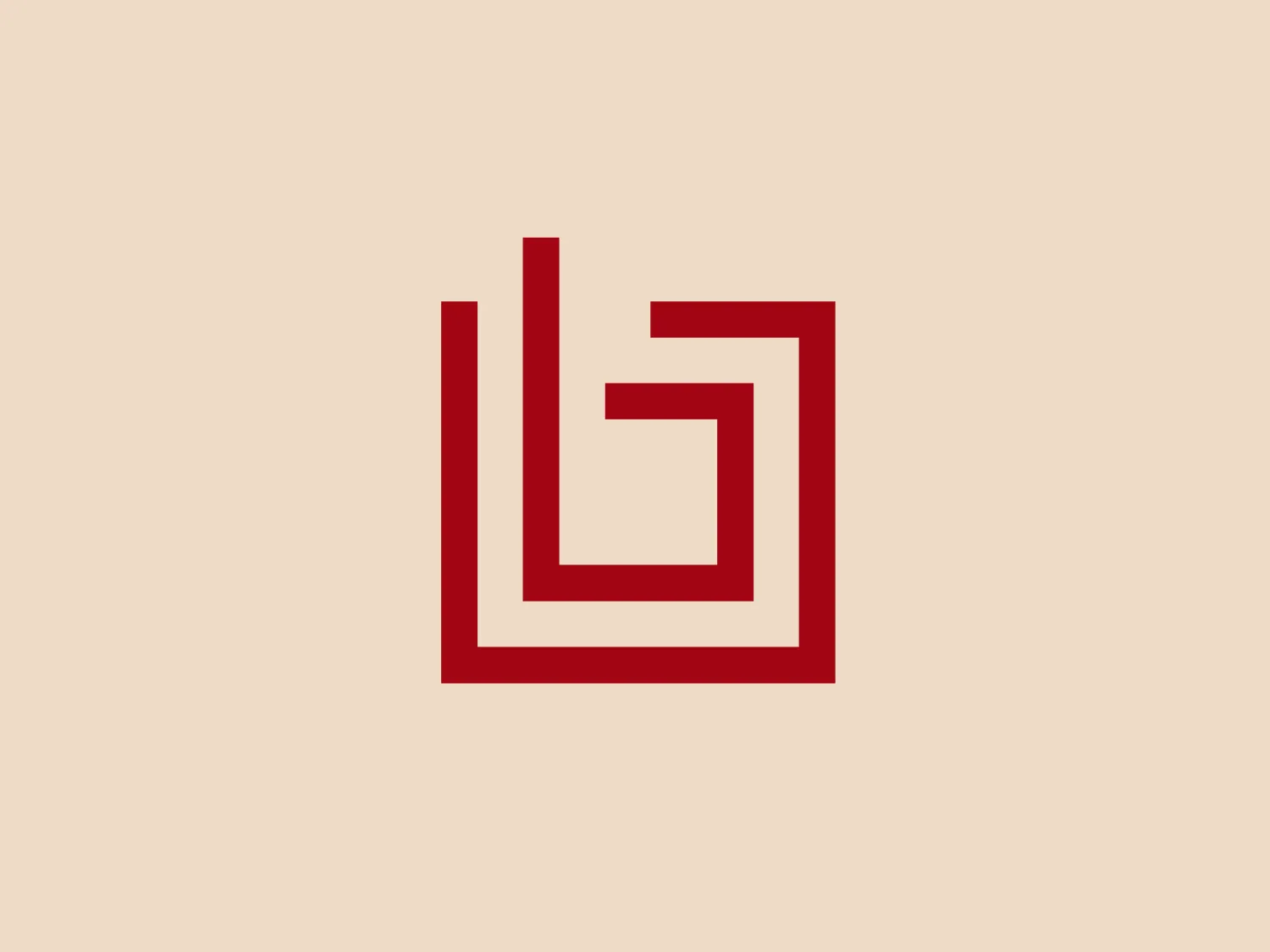 The Betonbau logo features a stylized representation of a spiral or labyrinth shape, created using right angles. It is composed of three identical, squared-off, U-shaped elements that decrease in size and are nested within each other, creating a sense of depth and intricacy. The entire design is rendered in a solid, bold red color, which communicates a sense of energy, passion, or intensity. The design is modern, minimalist, and geometric, with a clean and uncluttered look that would easily stand out for its simplicity and symbolism. The logo could represent complexity, thinking processes, or problem-solving due to its maze-like appearance. Considering the potency of the red against a moderated backdrop, a soft neutral hue that doesn't compete with the vibrance of the logo would be fitting.