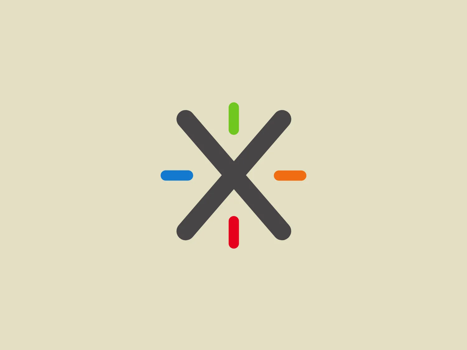 The image depicts a stylized logo consisting of an X-like figure where the ends of each arm extend beyond the intersection, forming a sort of pinwheel shape. Each arm of the X is colored differently with simple, bold colors: green, blue, orange, and red, moving in a clockwise direction from the top arm. The XWiki itself is colored in a medium gray tone, contrasting with the vivid colors at its tips. The design is minimalistic and modern, with a playful touch provided by the contrasting colors. The straightforward geometry of the design gives it a clean and balanced aesthetic.